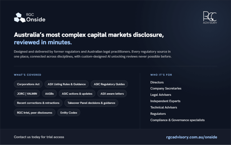 RGC Onside — every Australian capital markets regulatory source in one place, connected across disciplines and reviewed with purpose-built AI.